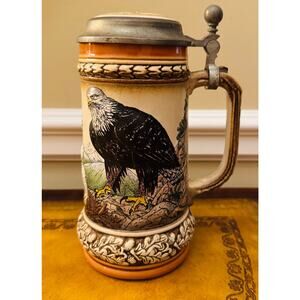 Original Gerz Germany Beer Mug Stoneware Pewter Bald Eagle Stein with lid 70s